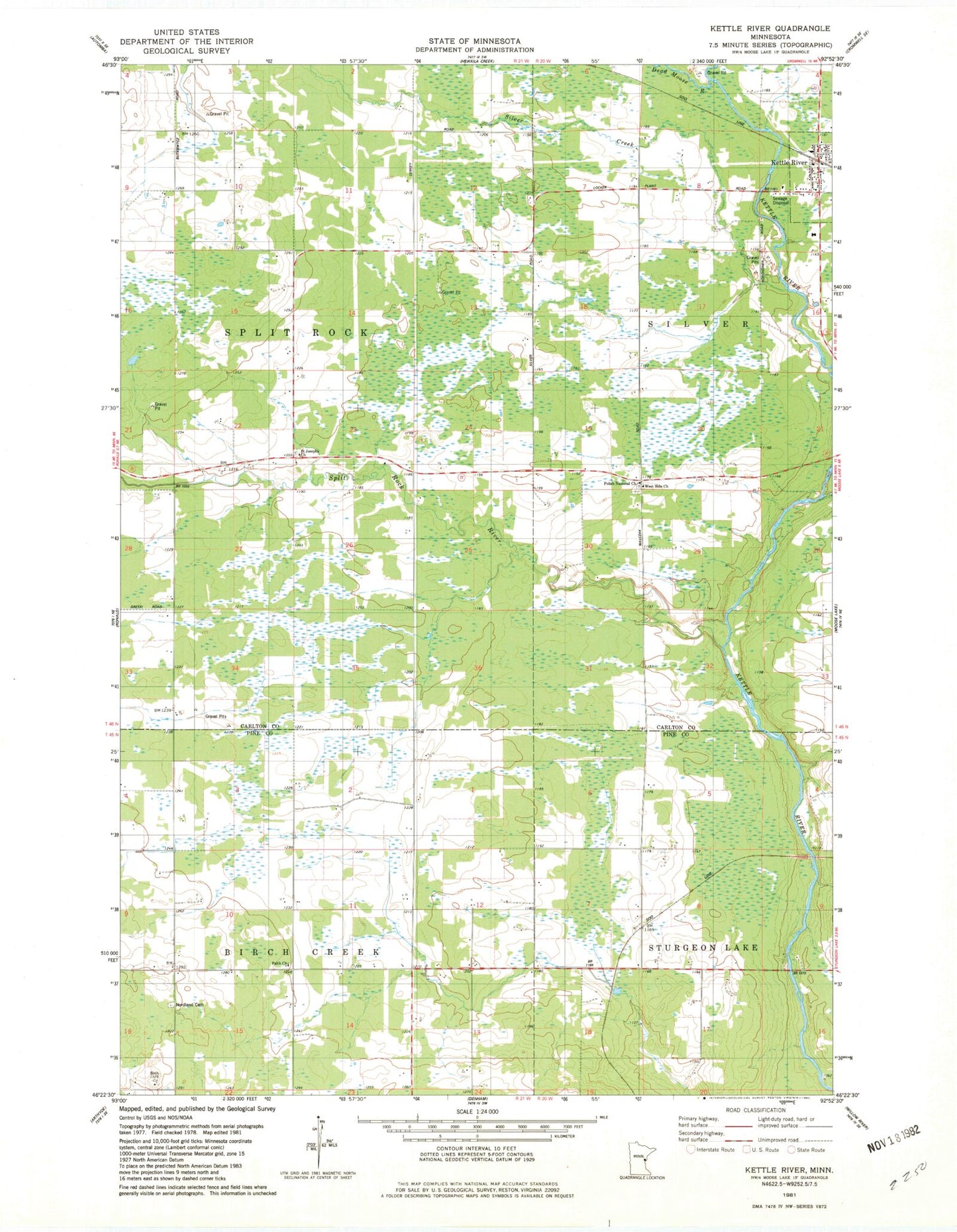 Classic USGS Kettle River Minnesota 7.5'x7.5' Topo Map Image
