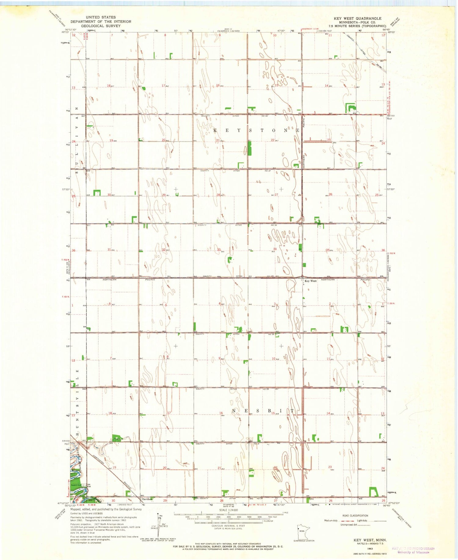 Classic USGS Key West Minnesota 7.5'x7.5' Topo Map Image