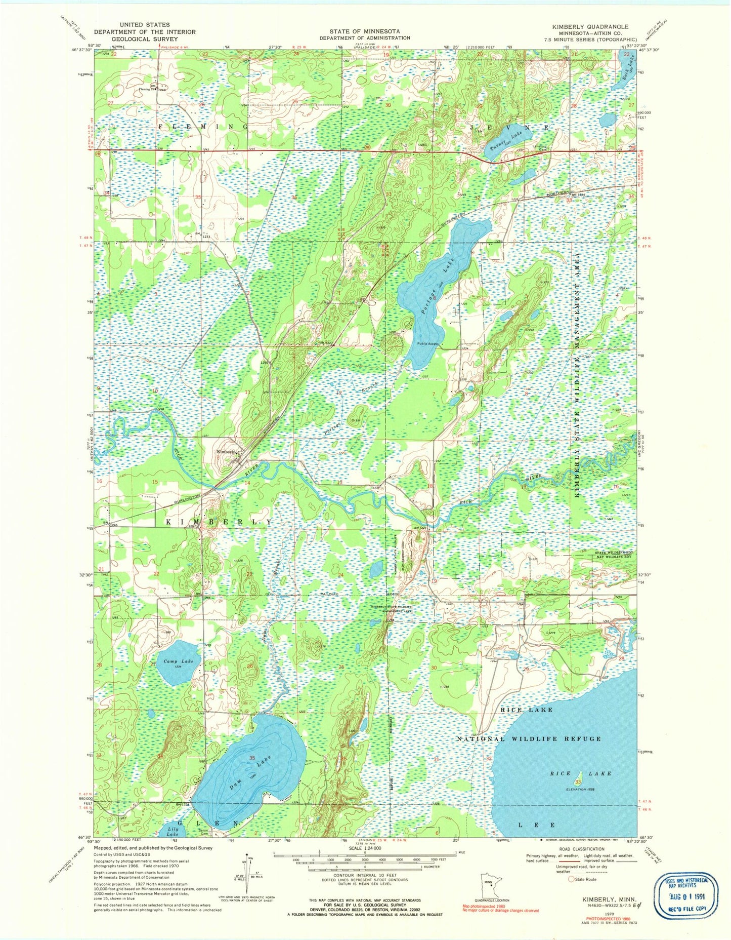 Classic USGS Kimberly Minnesota 7.5'x7.5' Topo Map Image