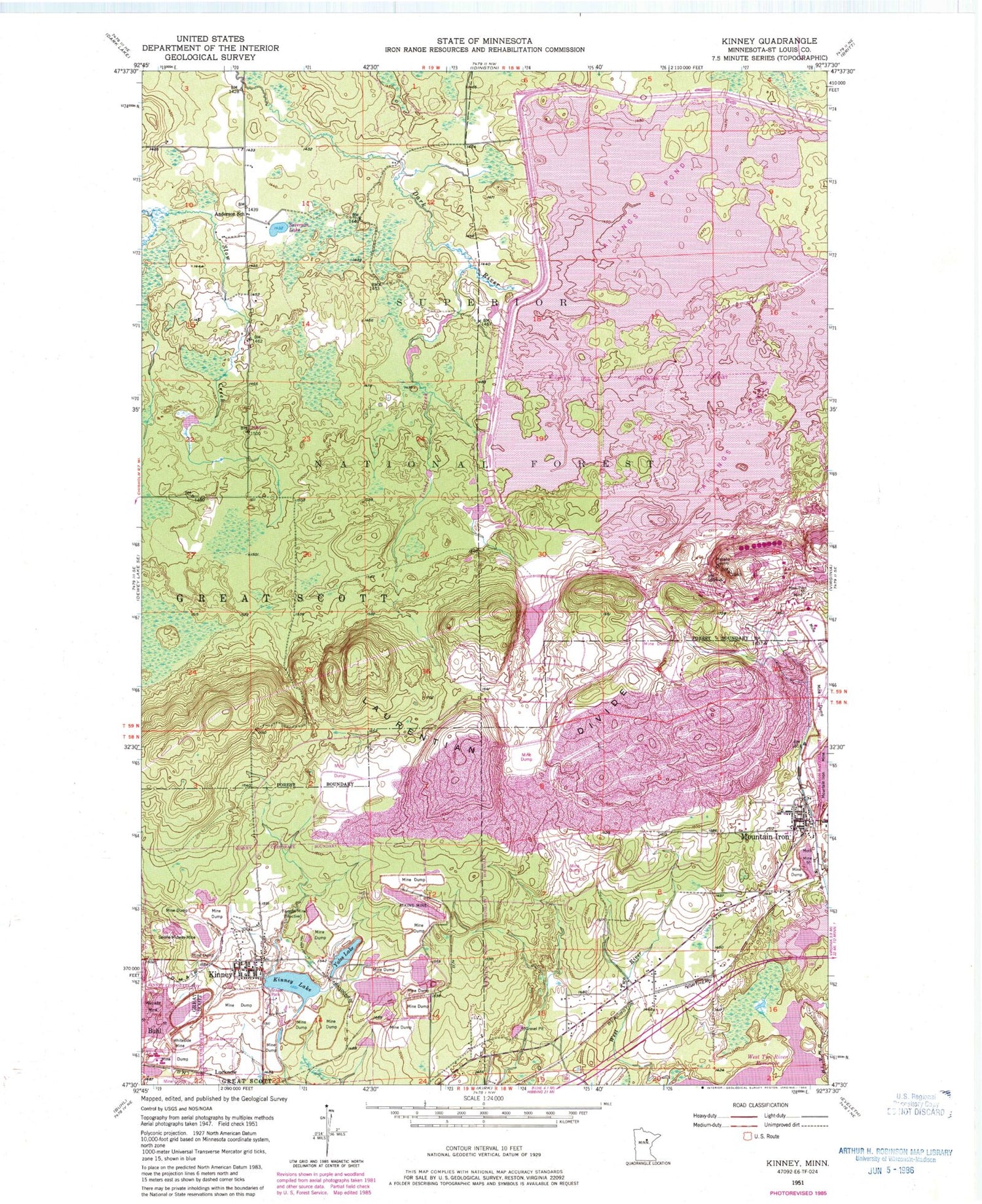 Classic USGS Kinney Minnesota 7.5'x7.5' Topo Map Image