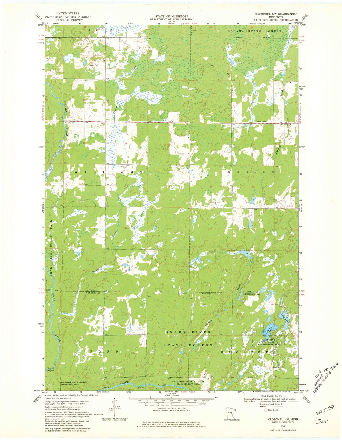 Classic USGS Kroschel NW Minnesota 7.5'x7.5' Topo Map Image