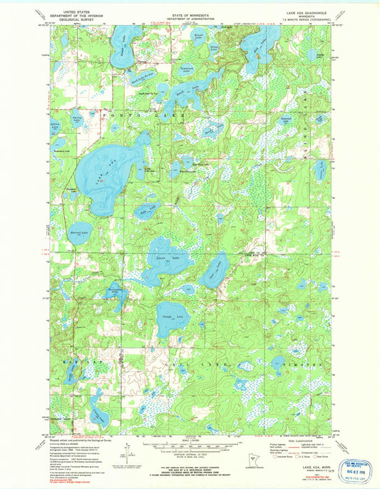 Classic USGS Lake Ada Minnesota 7.5'x7.5' Topo Map Image
