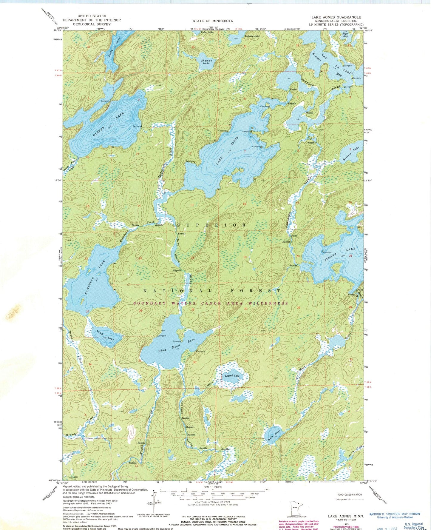 Classic USGS Lake Agnes Minnesota 7.5'x7.5' Topo Map Image