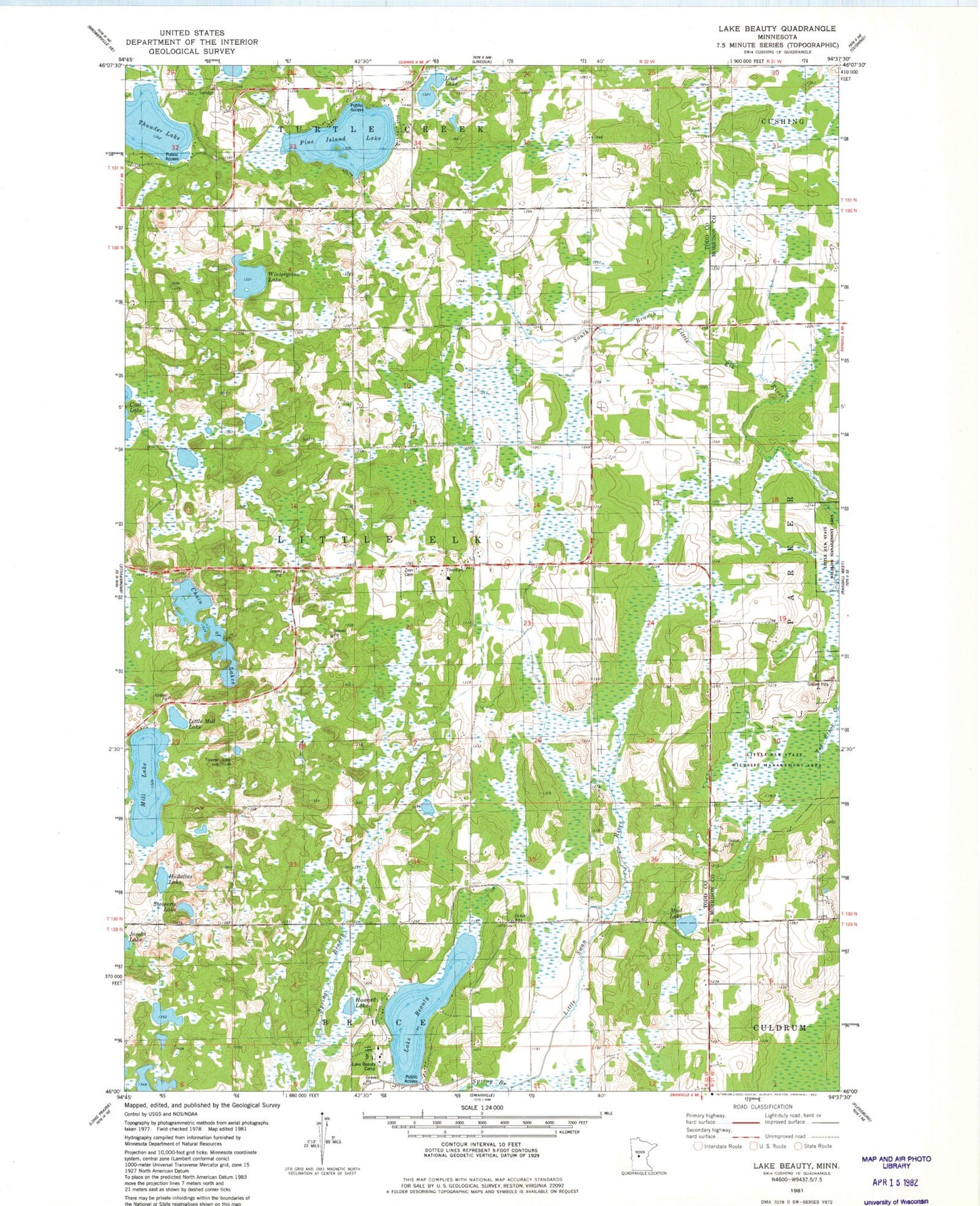 Classic USGS Lake Beauty Minnesota 7.5'x7.5' Topo Map Image