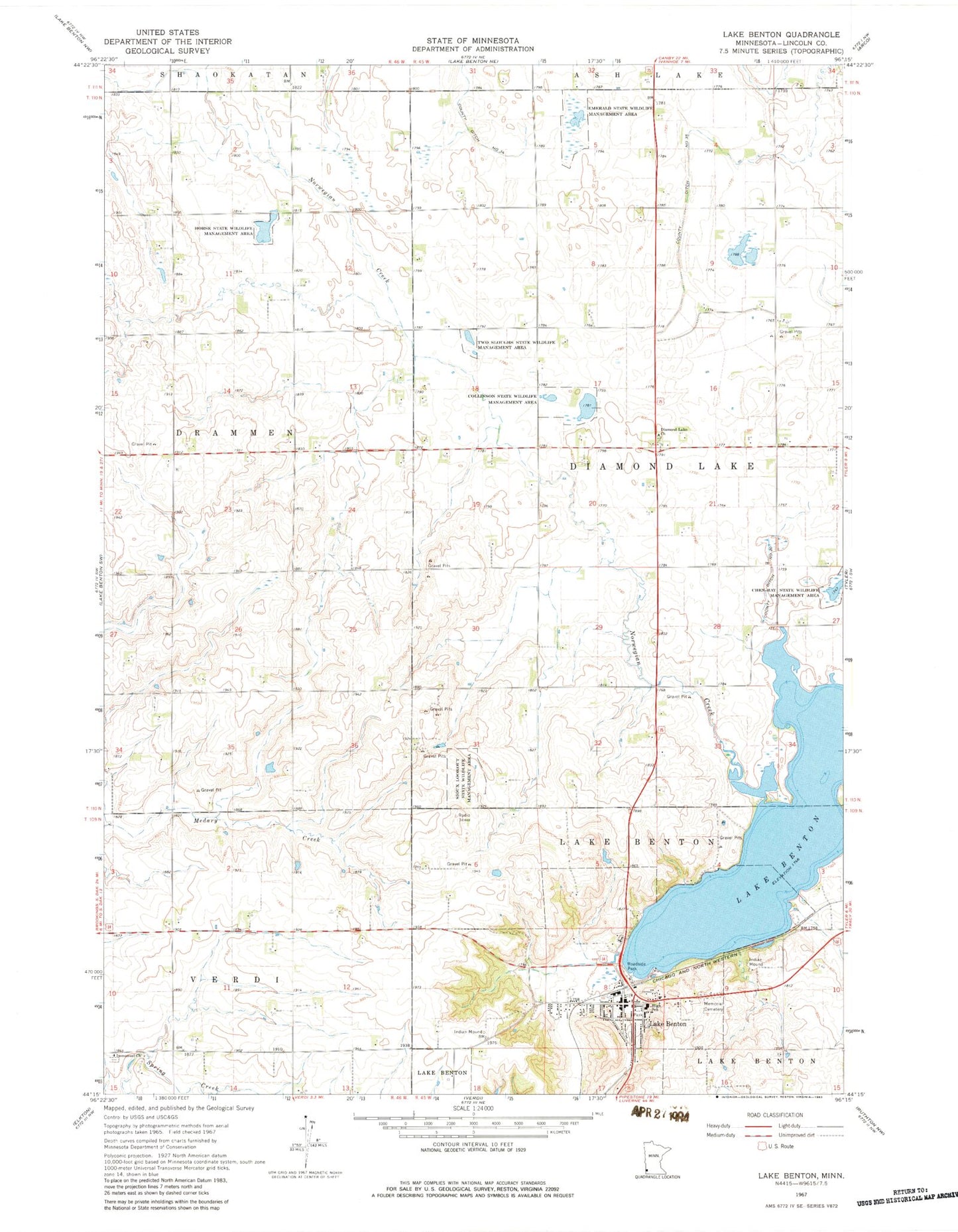 Classic USGS Lake Benton Minnesota 7.5'x7.5' Topo Map Image