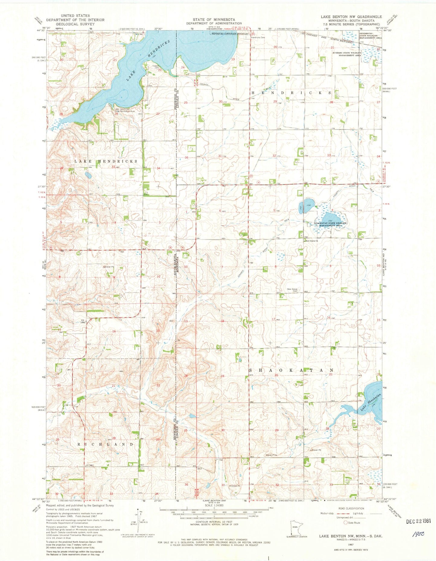 Classic USGS Lake Benton NW Minnesota 7.5'x7.5' Topo Map Image