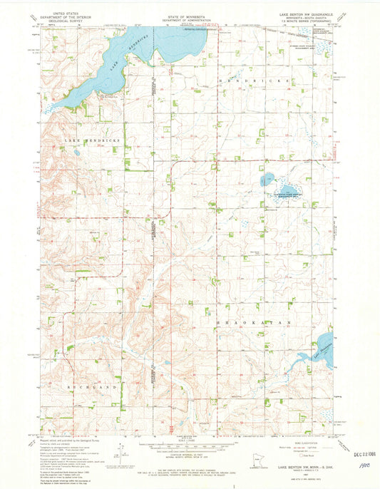 Classic USGS Lake Benton NW Minnesota 7.5'x7.5' Topo Map Image