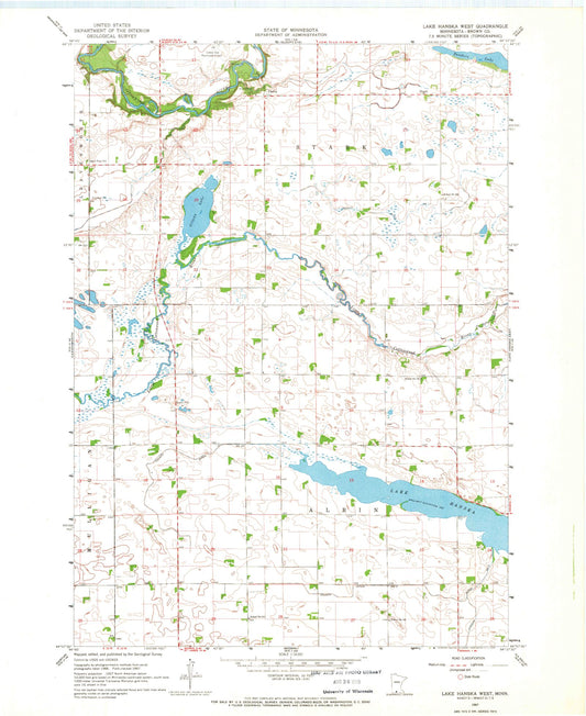 Classic USGS Lake Hanska West Minnesota 7.5'x7.5' Topo Map Image