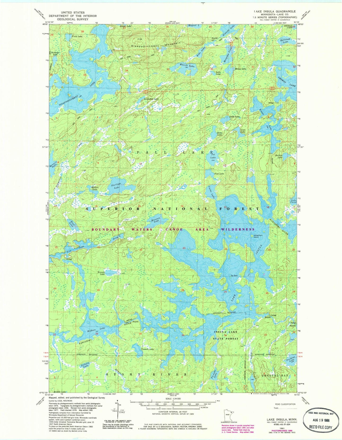 Classic USGS Lake Insula Minnesota 7.5'x7.5' Topo Map Image
