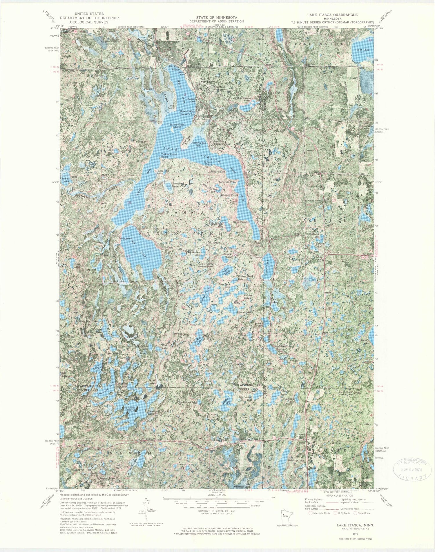 Classic USGS Lake Itasca Minnesota 7.5'x7.5' Topo Map Image