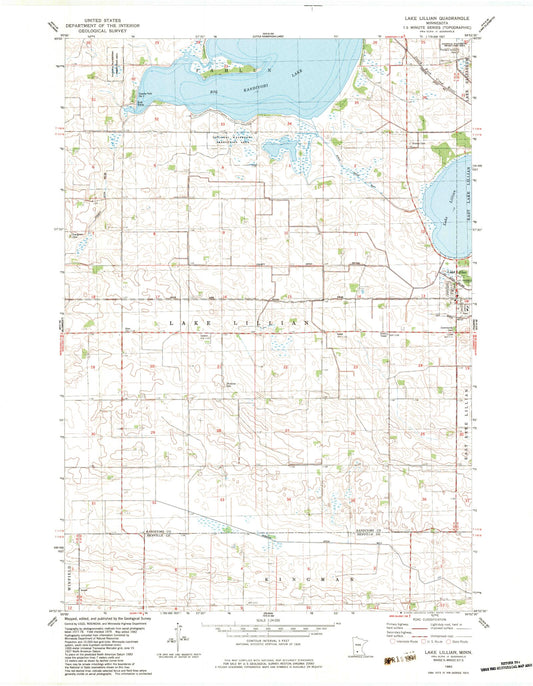 Classic USGS Lake Lillian Minnesota 7.5'x7.5' Topo Map Image