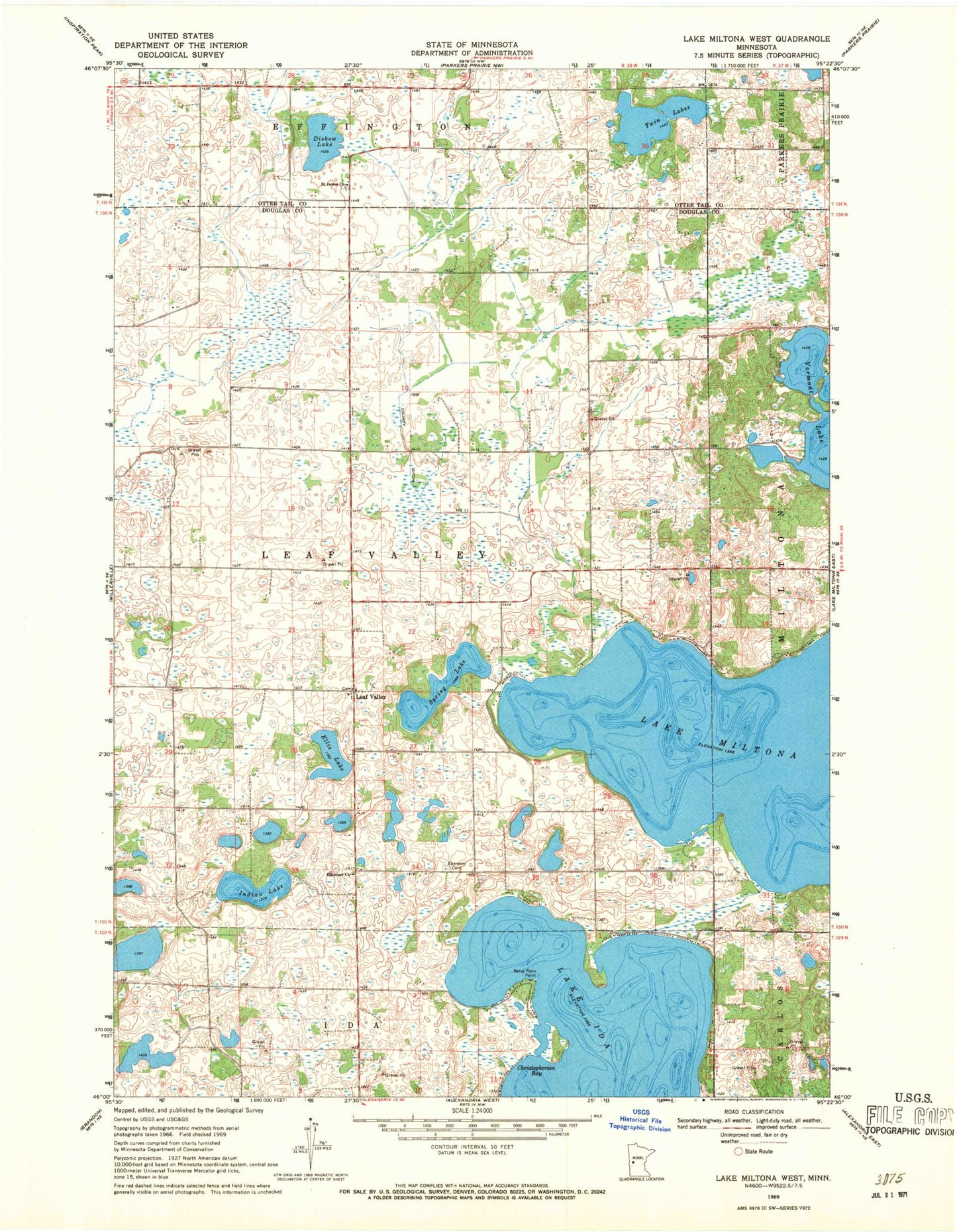 Classic USGS Lake Miltona West Minnesota 7.5'x7.5' Topo Map Image