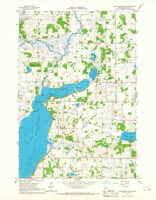 Classic USGS Lake Osakis East Minnesota 7.5'x7.5' Topo Map Image