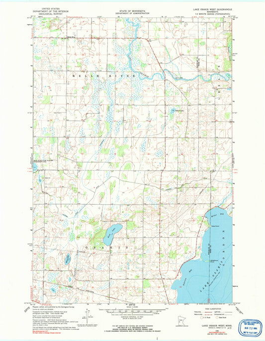 Classic USGS Lake Osakis West Minnesota 7.5'x7.5' Topo Map Image