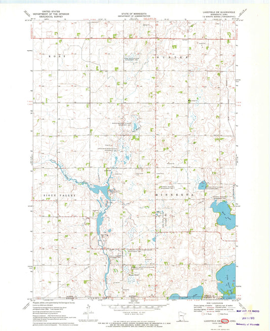Classic USGS Lakefield SW Minnesota 7.5'x7.5' Topo Map Image