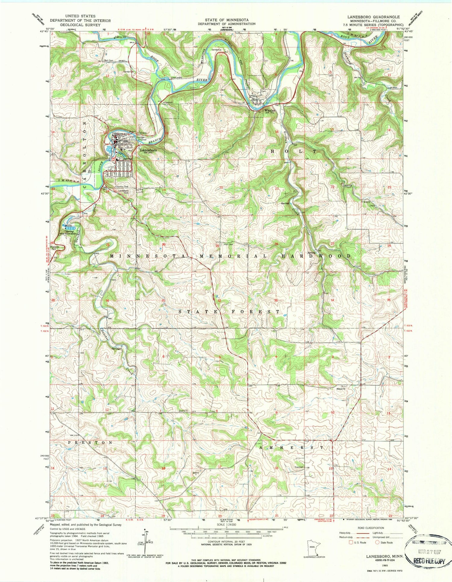 Classic USGS Lanesboro Minnesota 7.5'x7.5' Topo Map Image