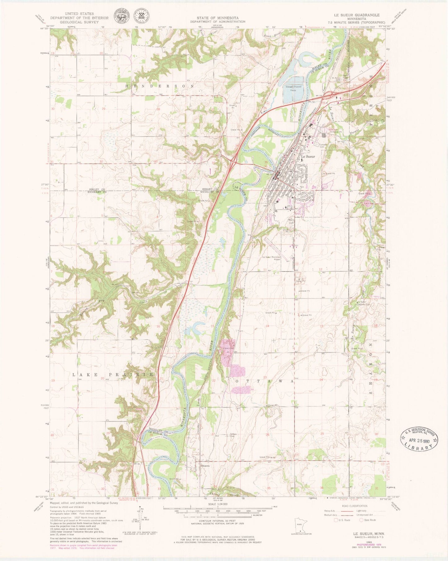Classic USGS Le Sueur Minnesota 7.5'x7.5' Topo Map Image