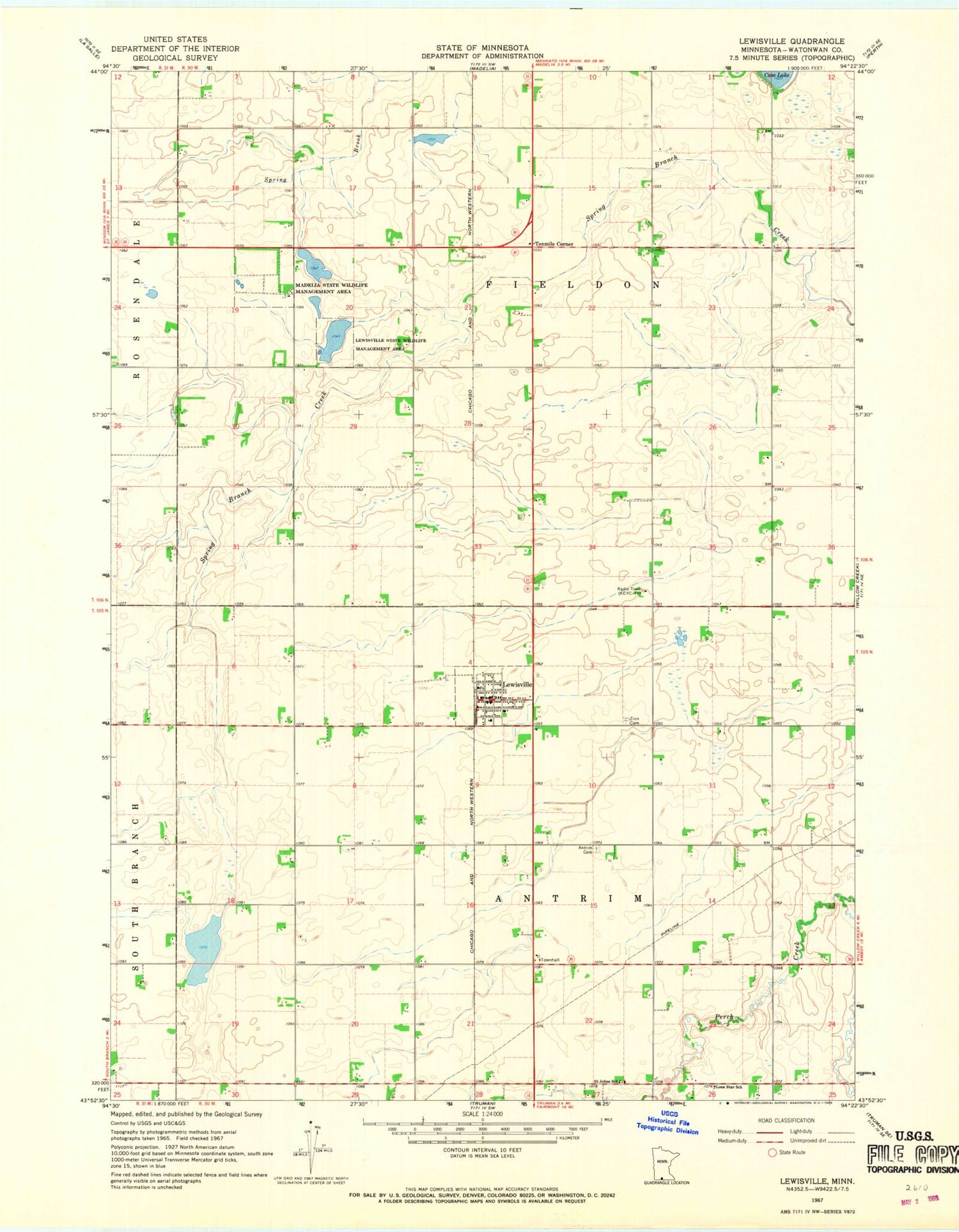 Classic USGS Lewisville Minnesota 7.5'x7.5' Topo Map Image