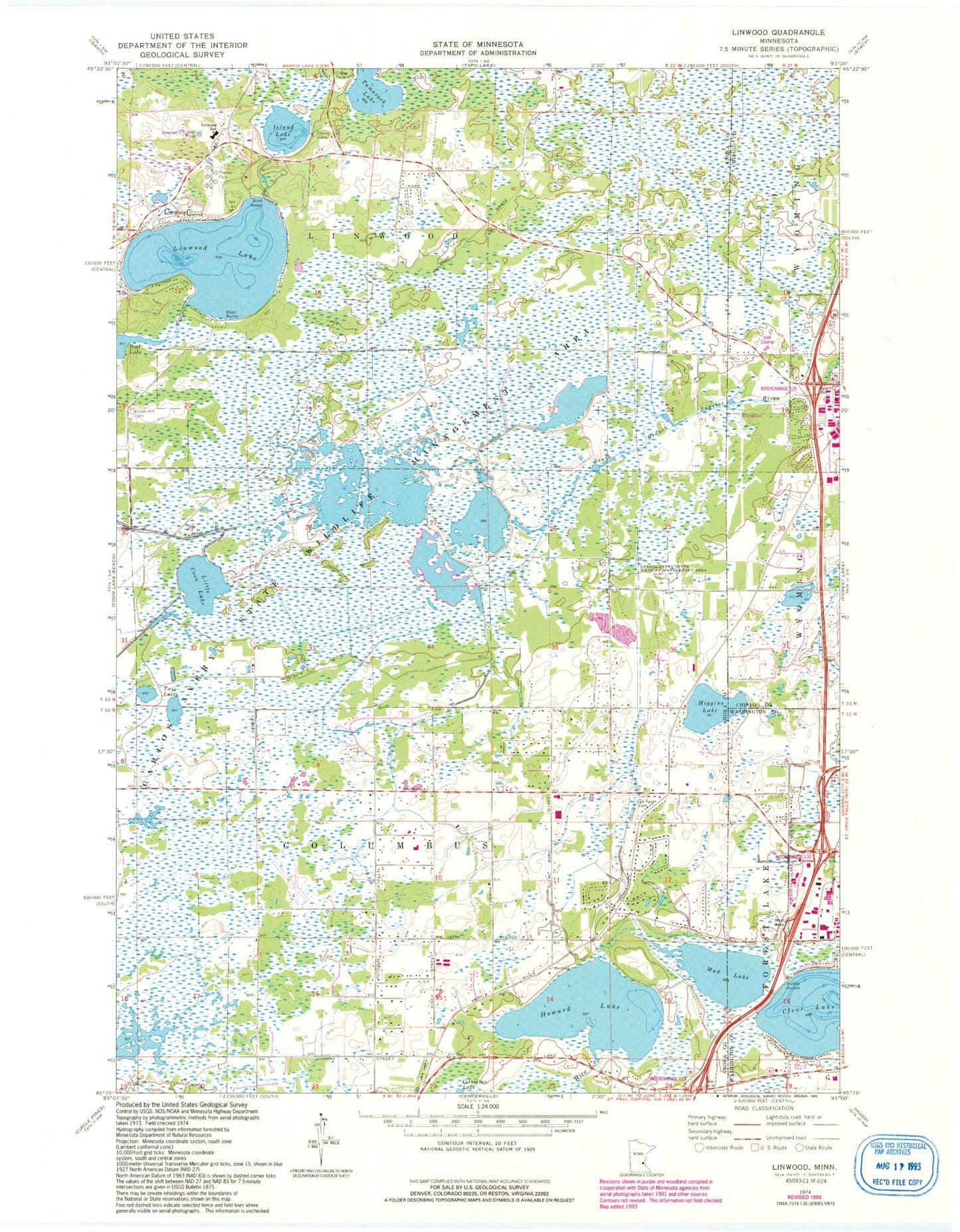 Classic USGS Linwood Minnesota 7.5'x7.5' Topo Map Image