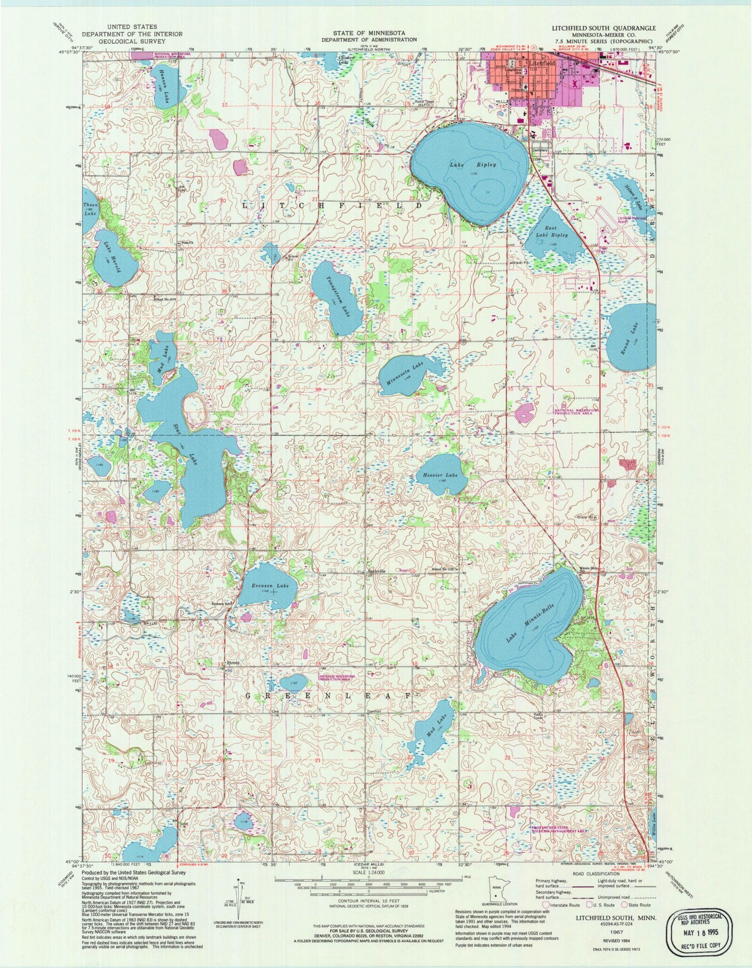 Classic USGS Litchfield South Minnesota 7.5'x7.5' Topo Map Image