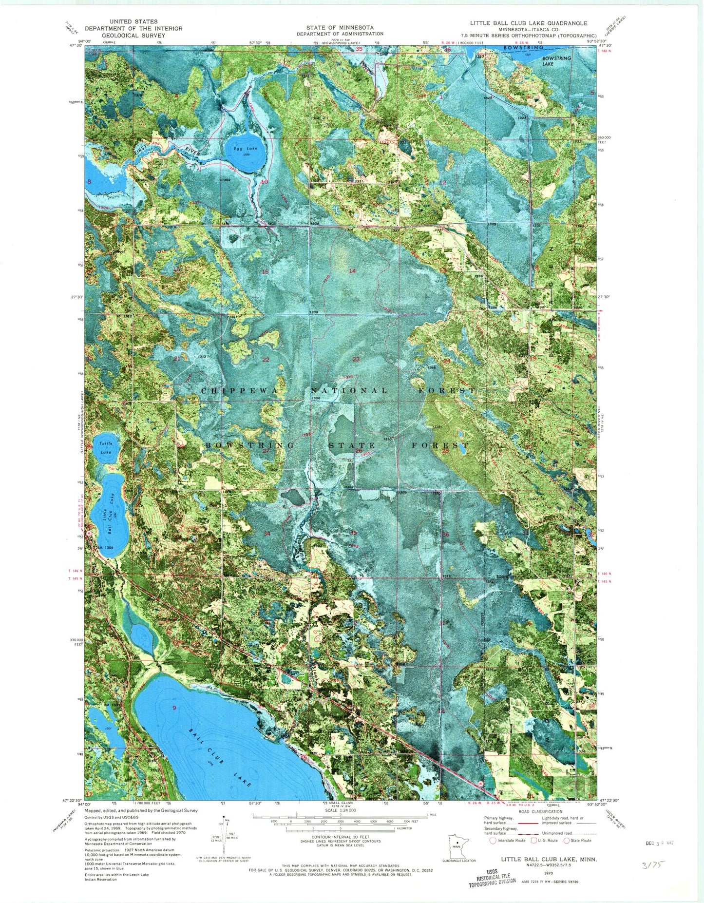 Classic USGS Little Ball Club Lake Minnesota 7.5'x7.5' Topo Map Image