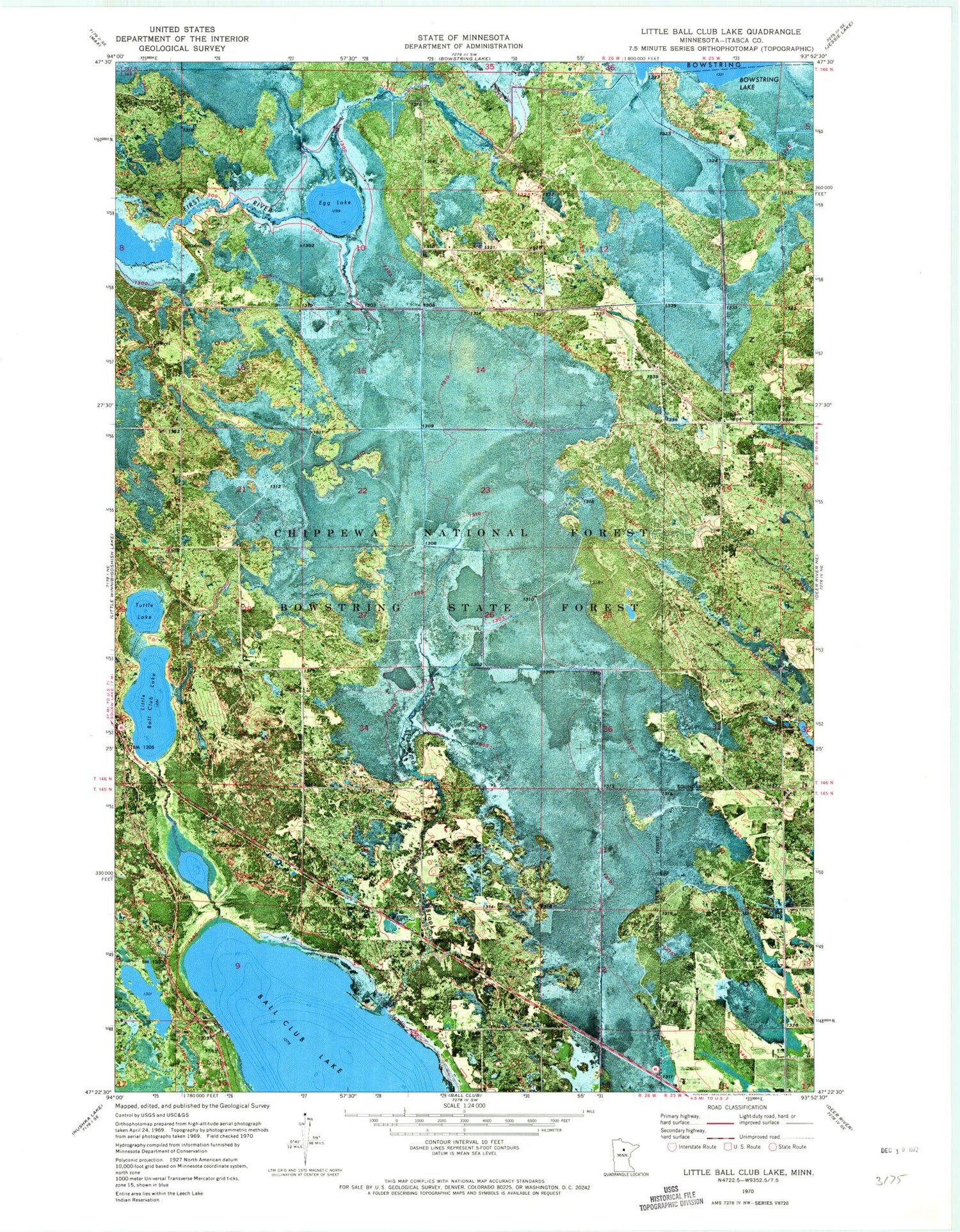 Classic USGS Little Ball Club Lake Minnesota 7.5'x7.5' Topo Map Image
