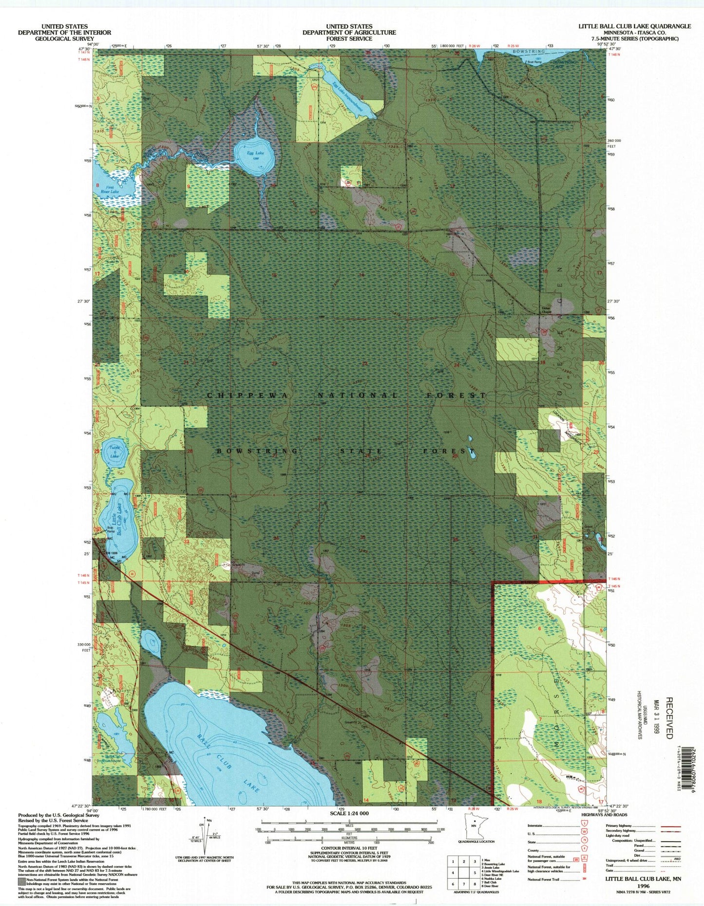 Classic USGS Little Ball Club Lake Minnesota 7.5'x7.5' Topo Map Image