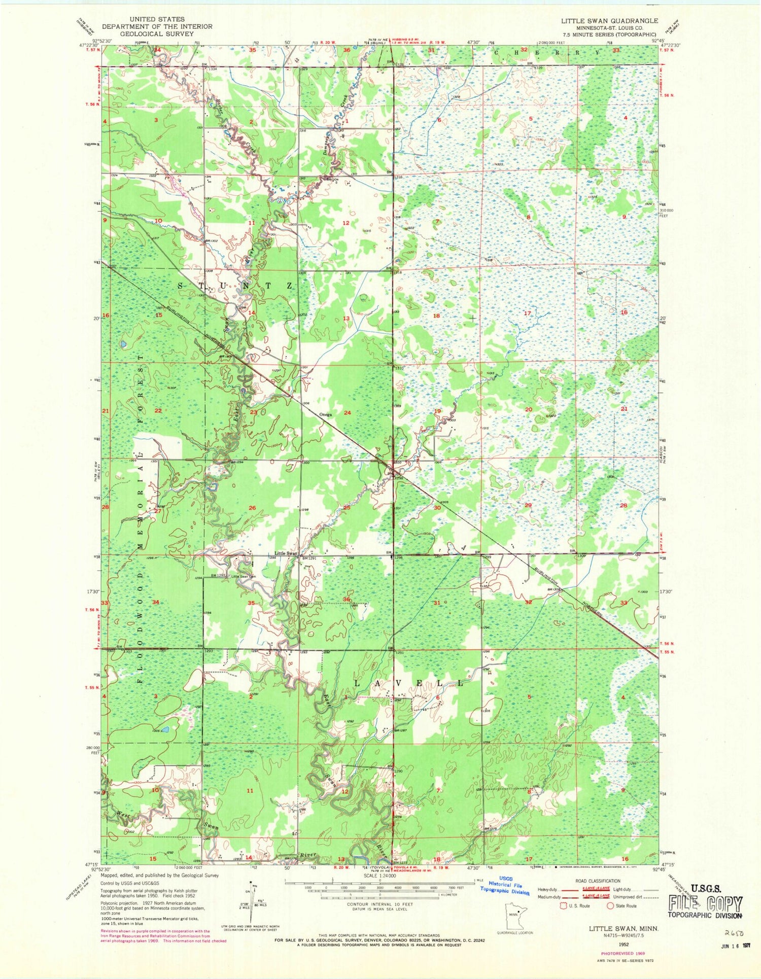 Classic USGS Little Swan Minnesota 7.5'x7.5' Topo Map Image