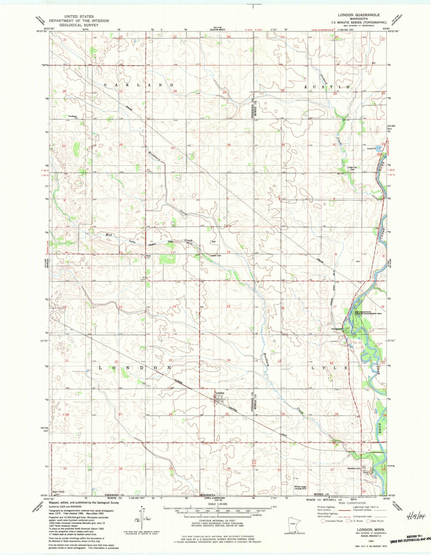 Classic USGS London Minnesota 7.5'x7.5' Topo Map Image