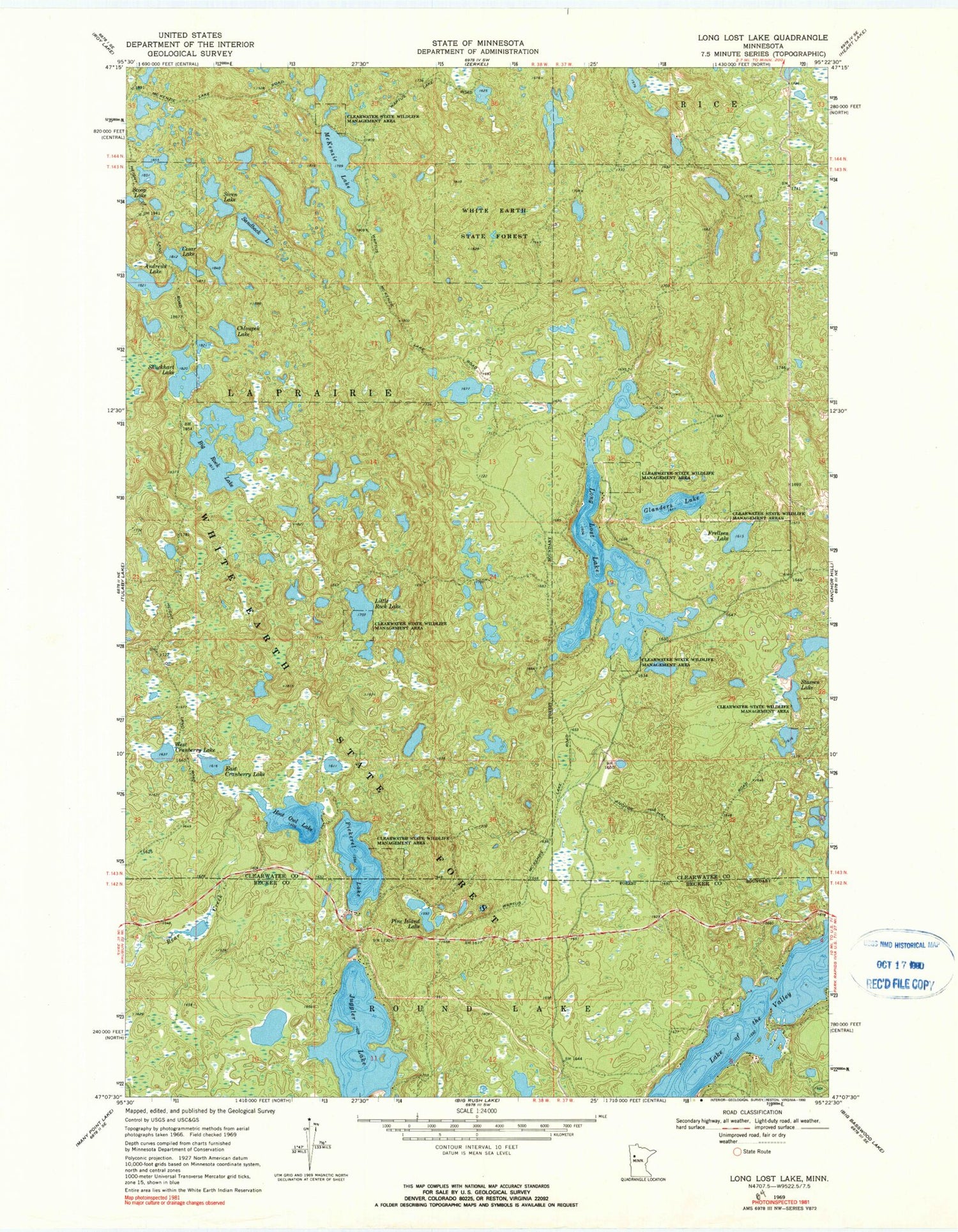 Classic USGS Long Lost Lake Minnesota 7.5'x7.5' Topo Map Image