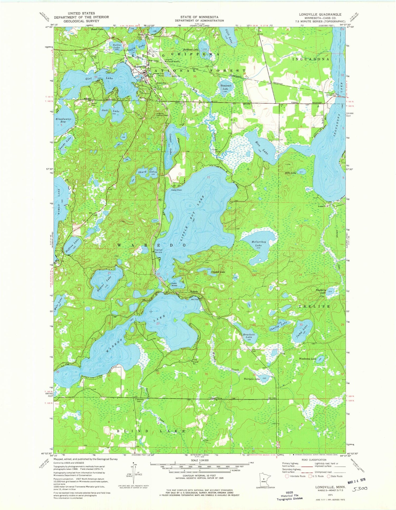 Classic USGS Longville Minnesota 7.5'x7.5' Topo Map Image