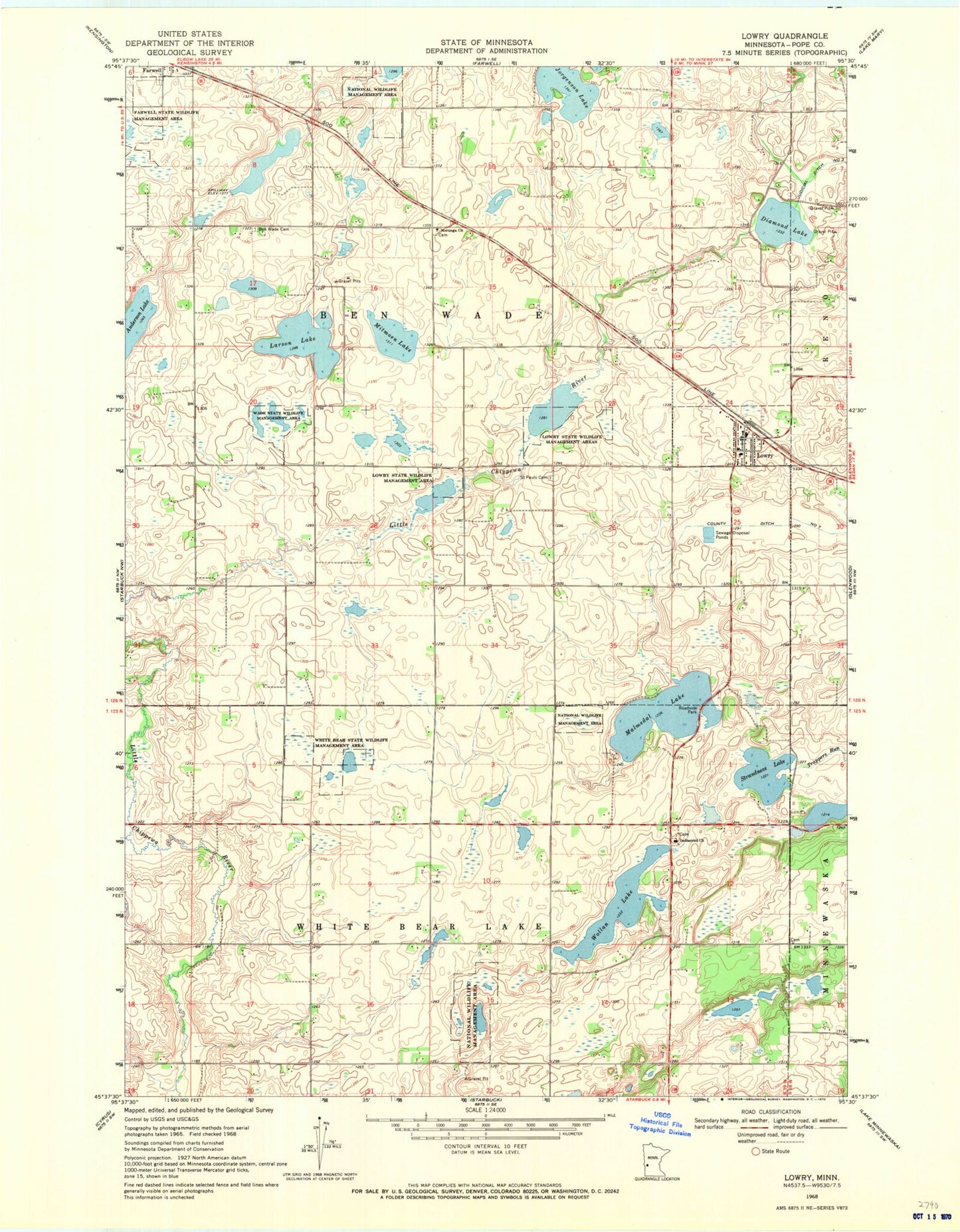 Classic USGS Lowry Minnesota 7.5'x7.5' Topo Map Image