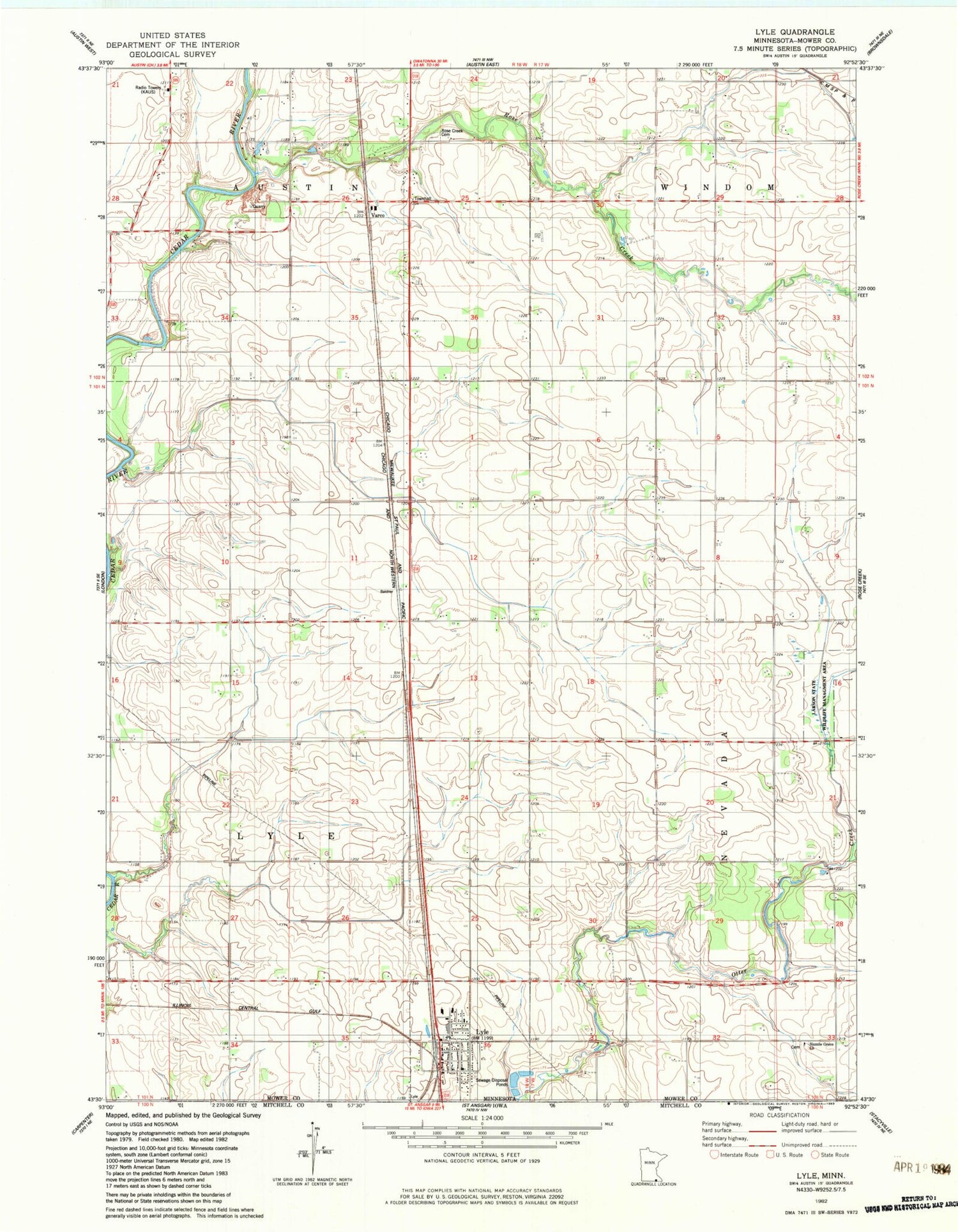 Classic USGS Lyle Minnesota 7.5'x7.5' Topo Map Image