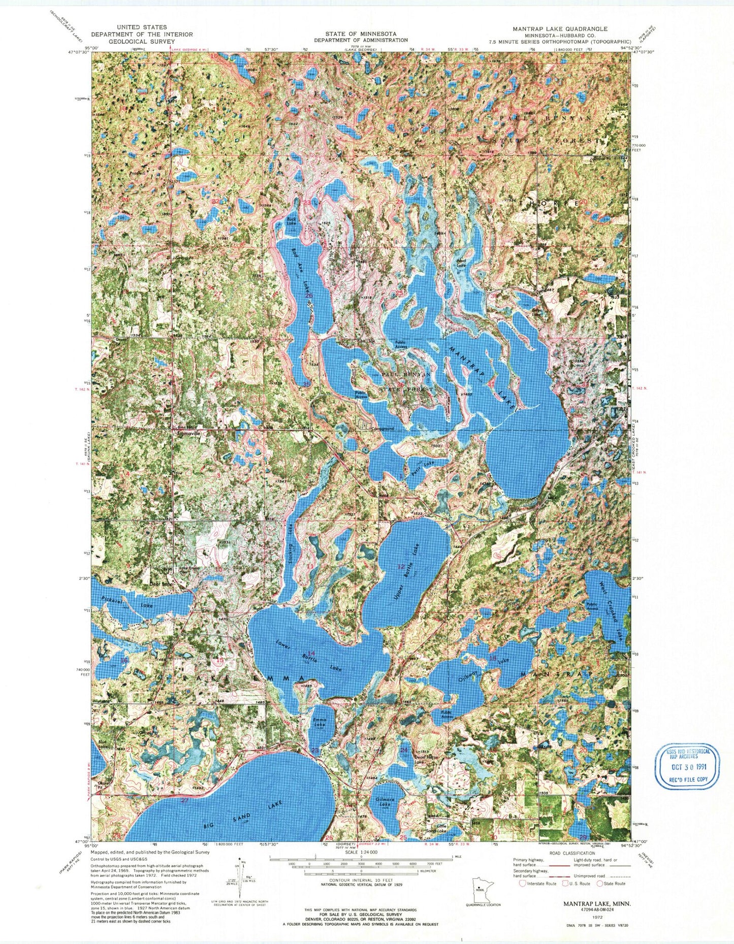 Classic USGS Mantrap Lake Minnesota 7.5'x7.5' Topo Map Image