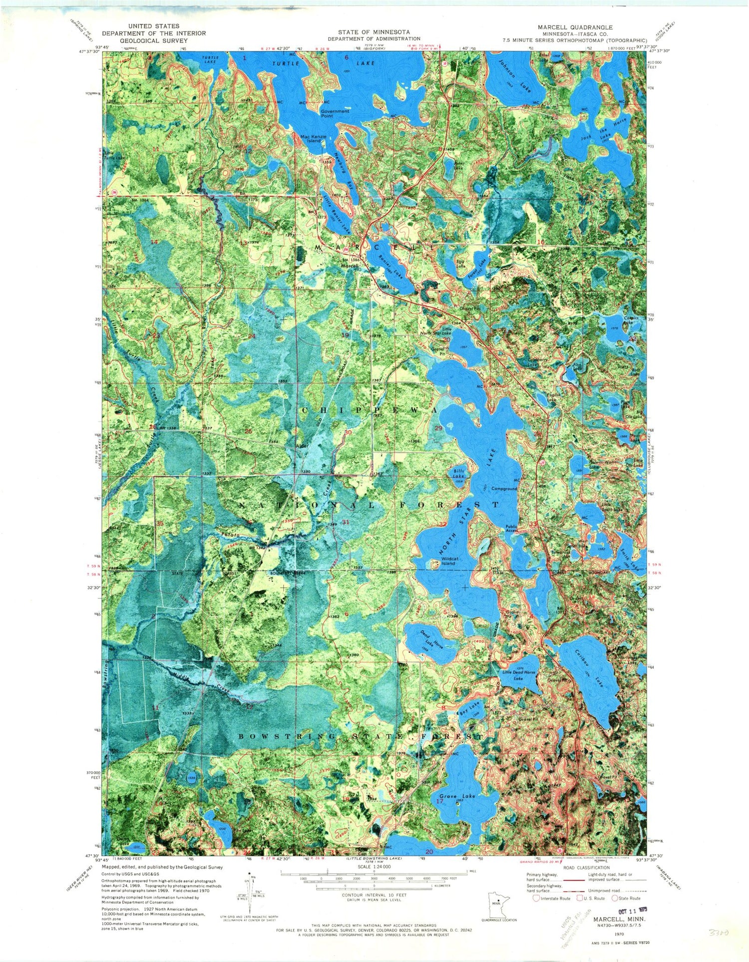 Classic USGS Marcell Minnesota 7.5'x7.5' Topo Map Image