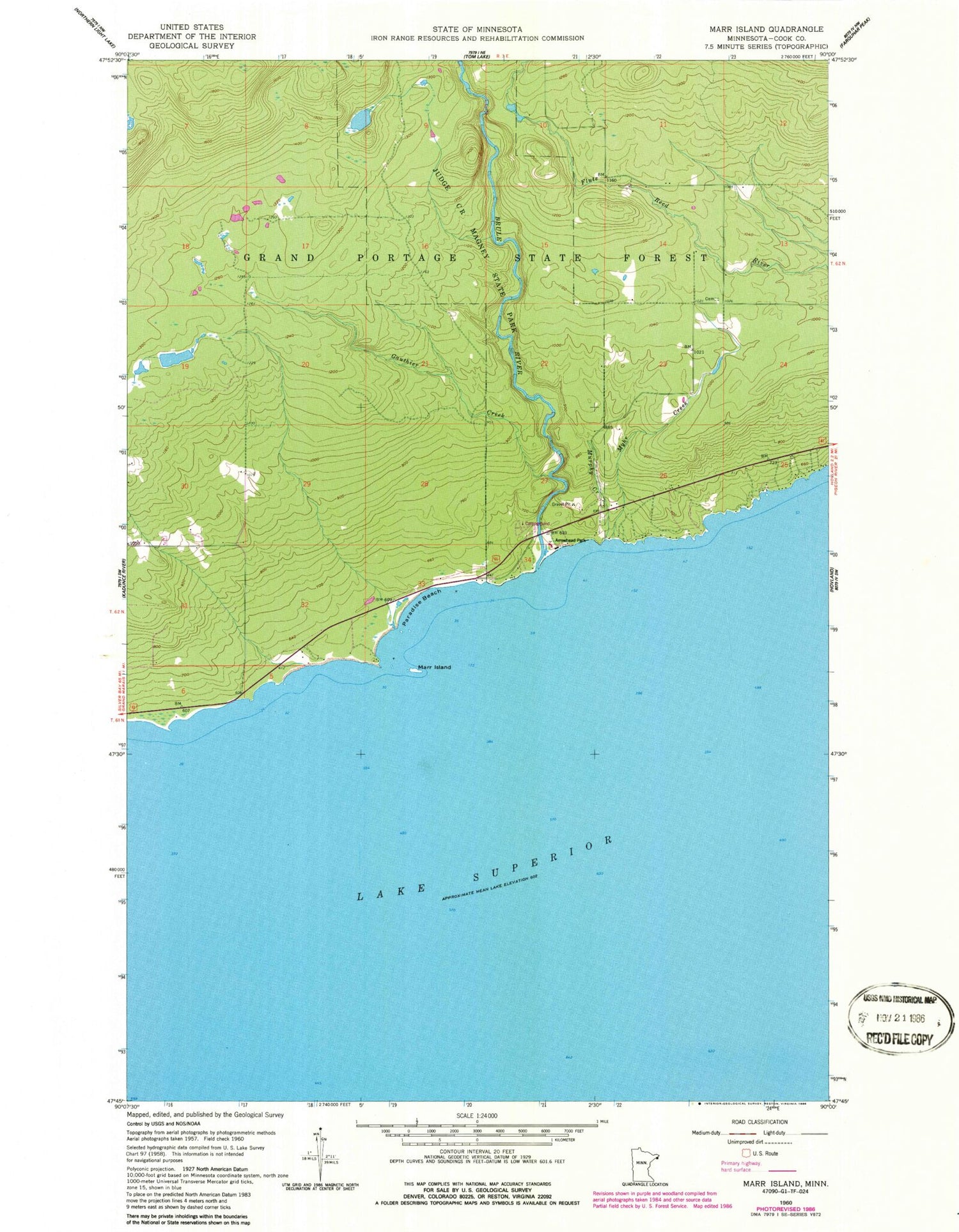 Classic USGS Marr Island Minnesota 7.5'x7.5' Topo Map Image