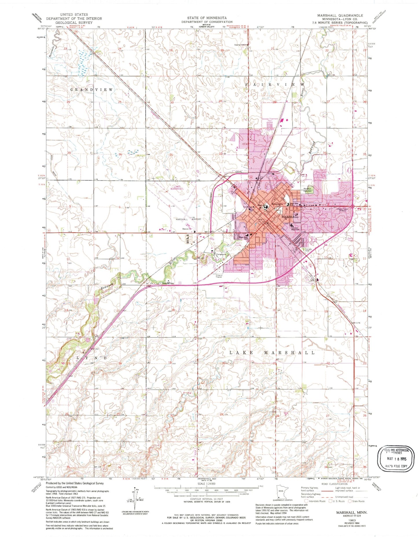Classic USGS Marshall Minnesota 7.5'x7.5' Topo Map Image