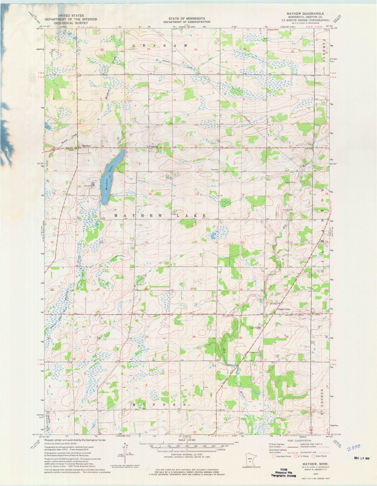Classic USGS Mayhew Minnesota 7.5'x7.5' Topo Map Image