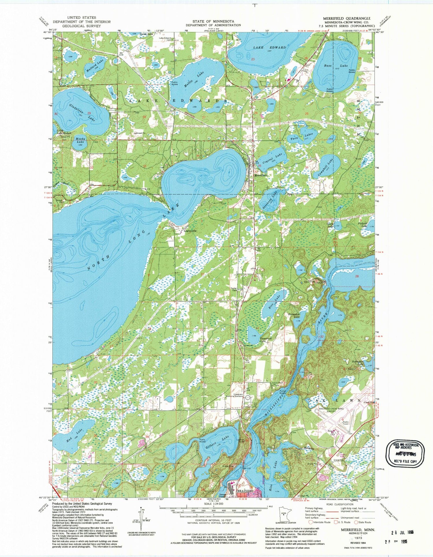 Classic USGS Merrifield Minnesota 7.5'x7.5' Topo Map Image