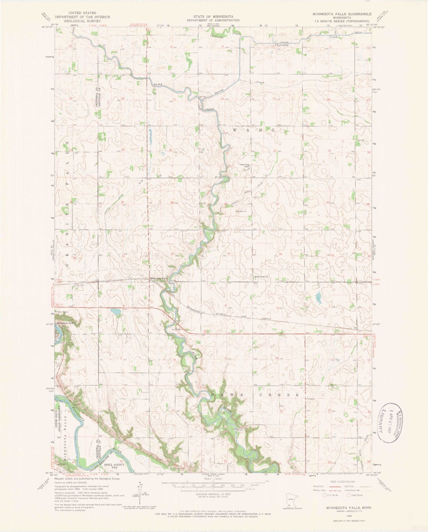 Classic USGS Minnesota Falls Minnesota 7.5'x7.5' Topo Map Image