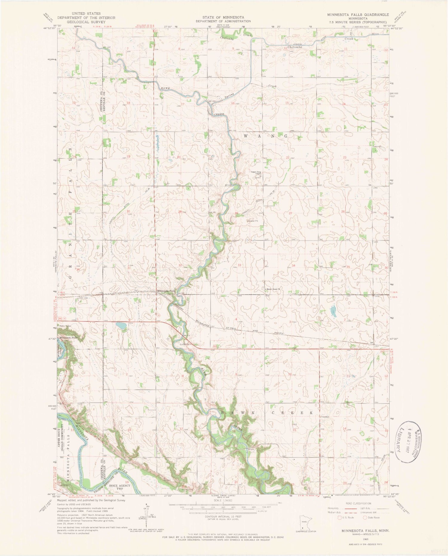 Classic USGS Minnesota Falls Minnesota 7.5'x7.5' Topo Map Image