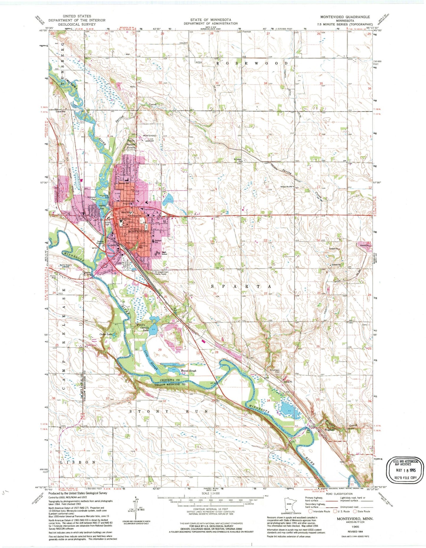 Classic USGS Montevideo Minnesota 7.5'x7.5' Topo Map Image
