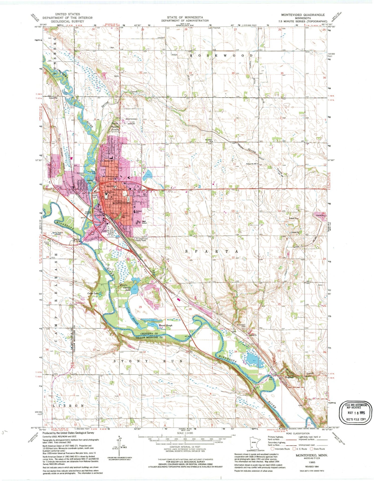 Classic USGS Montevideo Minnesota 7.5'x7.5' Topo Map Image