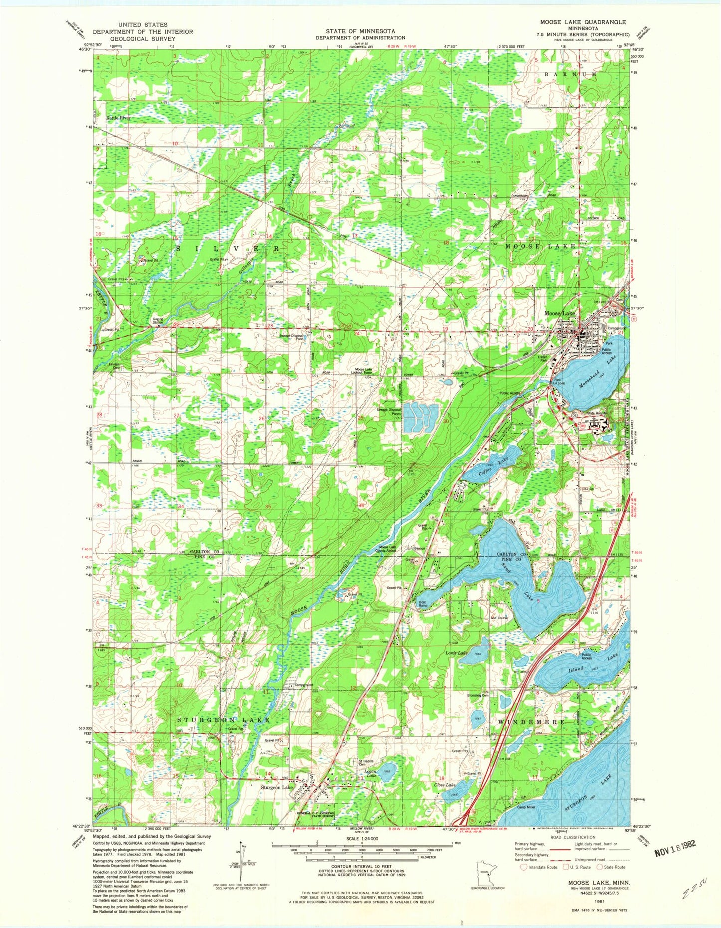 Classic USGS Moose Lake Minnesota 7.5'x7.5' Topo Map Image