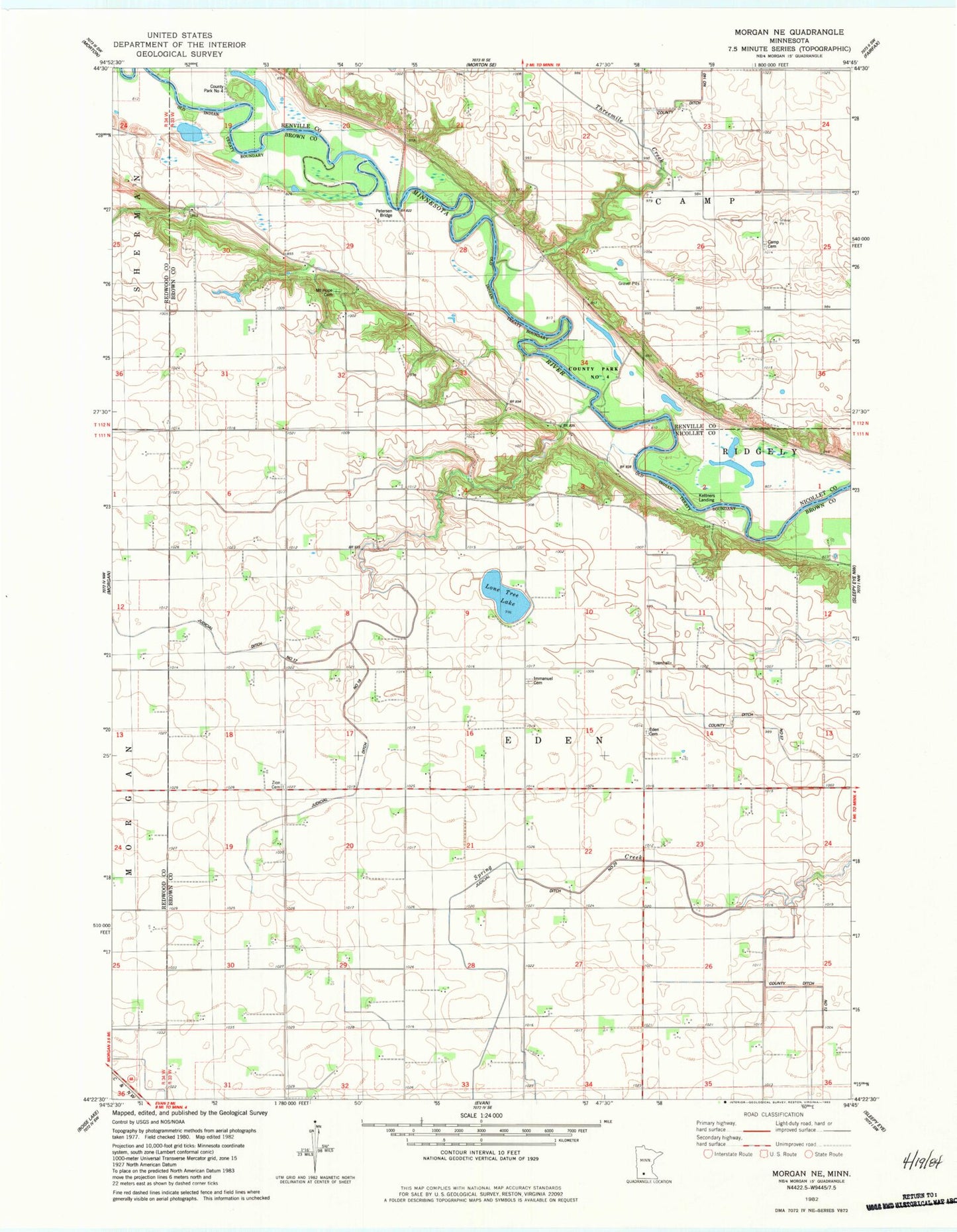Classic USGS Morgan NE Minnesota 7.5'x7.5' Topo Map Image