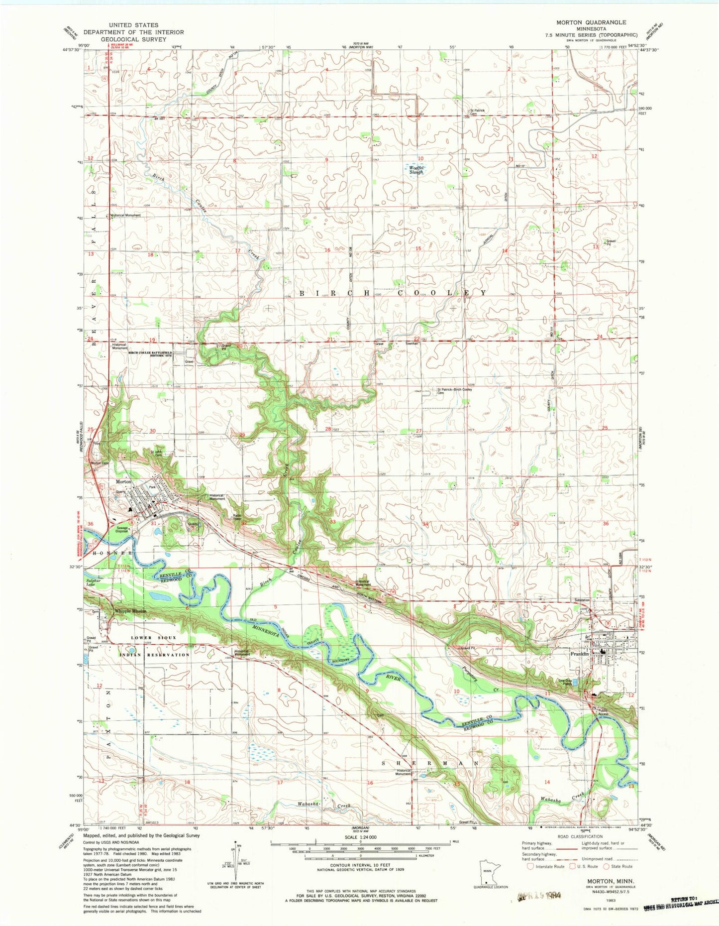 Classic USGS Morton Minnesota 7.5'x7.5' Topo Map Image