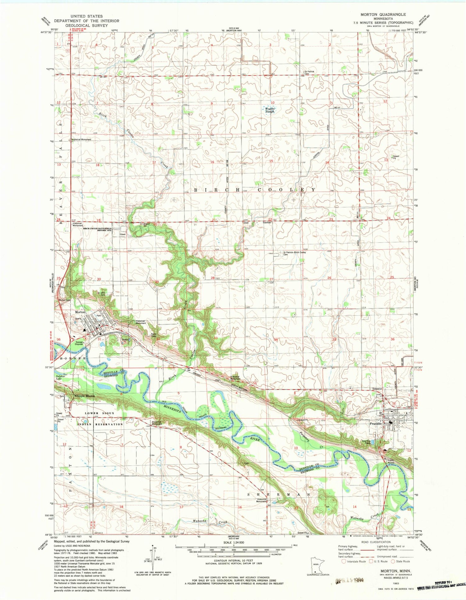 Classic USGS Morton Minnesota 7.5'x7.5' Topo Map Image