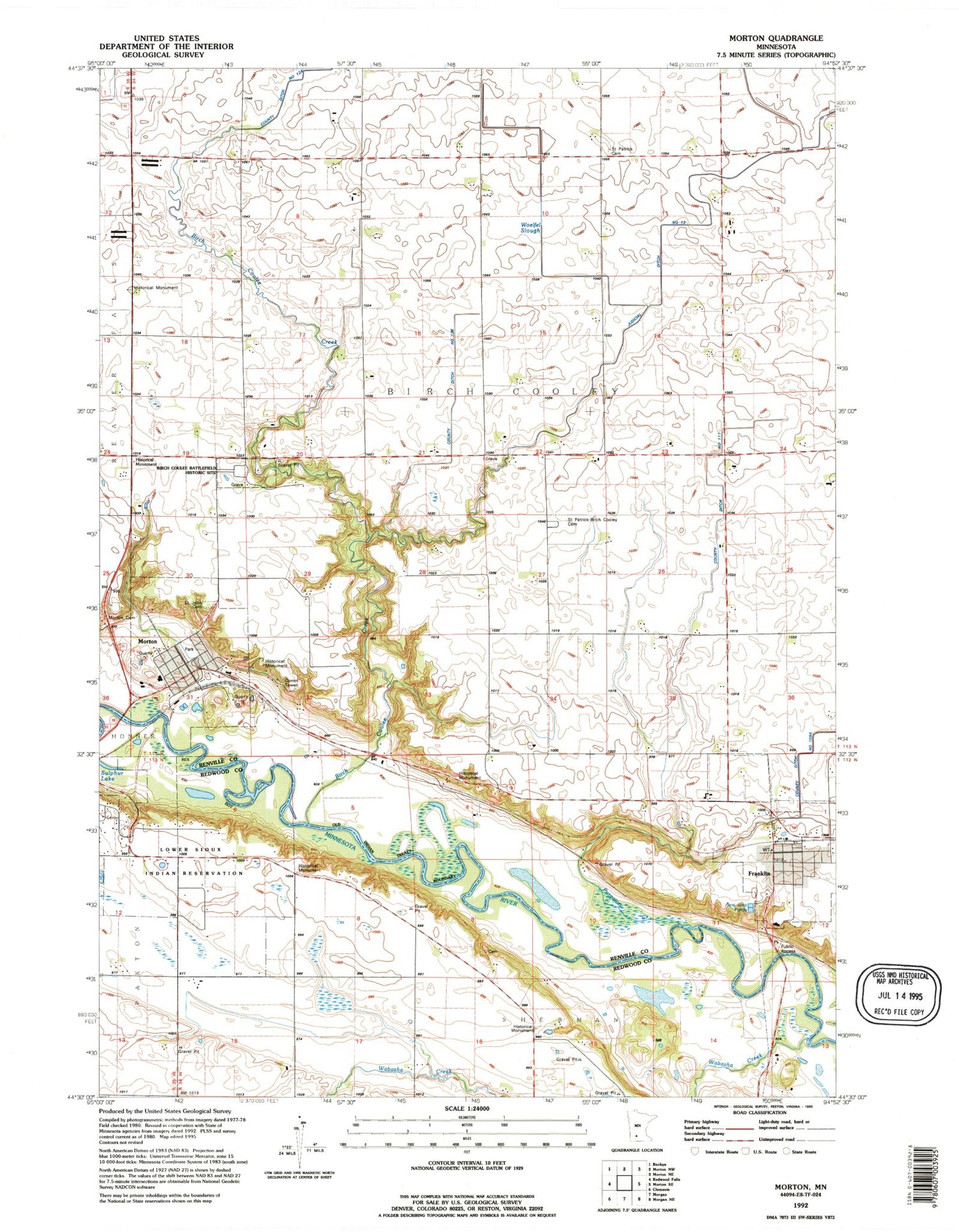 Classic USGS Morton Minnesota 7.5'x7.5' Topo Map Image