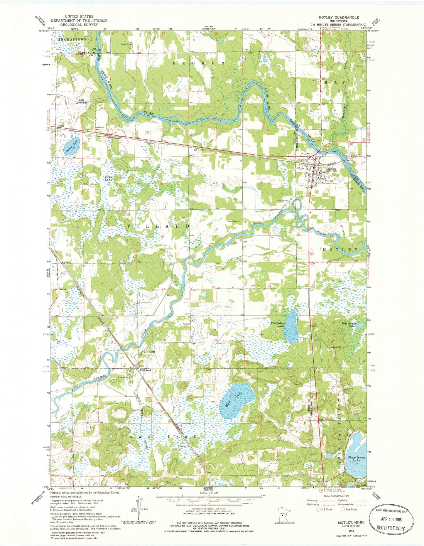 Classic USGS Motley Minnesota 7.5'x7.5' Topo Map Image