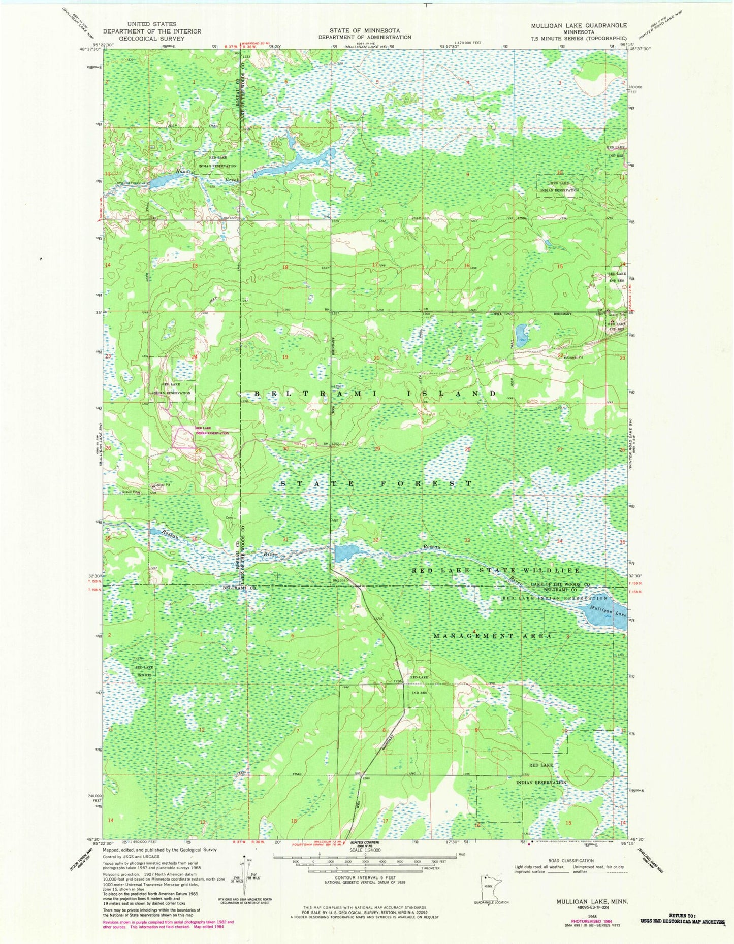 Classic USGS Mulligan Lake Minnesota 7.5'x7.5' Topo Map Image